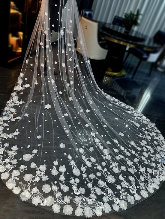 Cathedral Wedding Veil 3.5m Royal Train Handmade Flower Veil W/ Comb